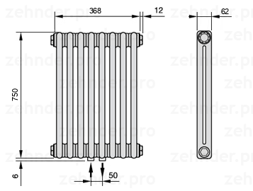 Схема (чертеж) Радиатор Zehnder Charleston 2075/8 №3470 Белый глянцевый RAL 9016